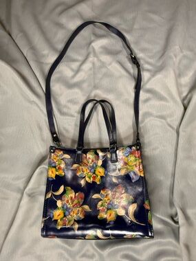 Patricia Nash Navy Floral Leather Tote with Adjustable Strap